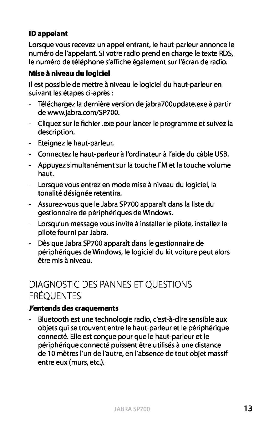 Jabra SP700 user manual Diagnostic Des Pannes Et Questions Fréquentes, ID appelant, Mise à niveau du logiciel, Français 