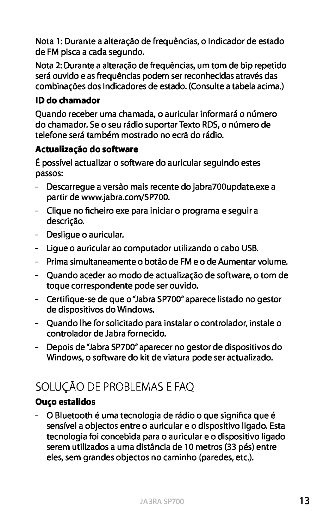 Jabra SP700 user manual Solução De Problemas E Faq, ID do chamador, Actualização do software, Ouço estalidos, Português 