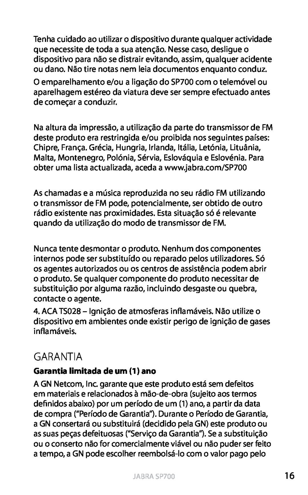 Jabra SP700 user manual Garantia limitada de um 1 ano, Português 