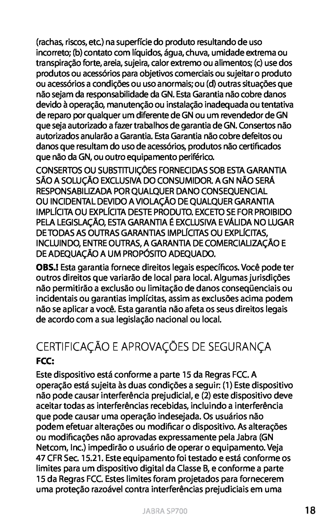 Jabra user manual Certificação E Aprovações De Segurança, Português, Jabra SP700 