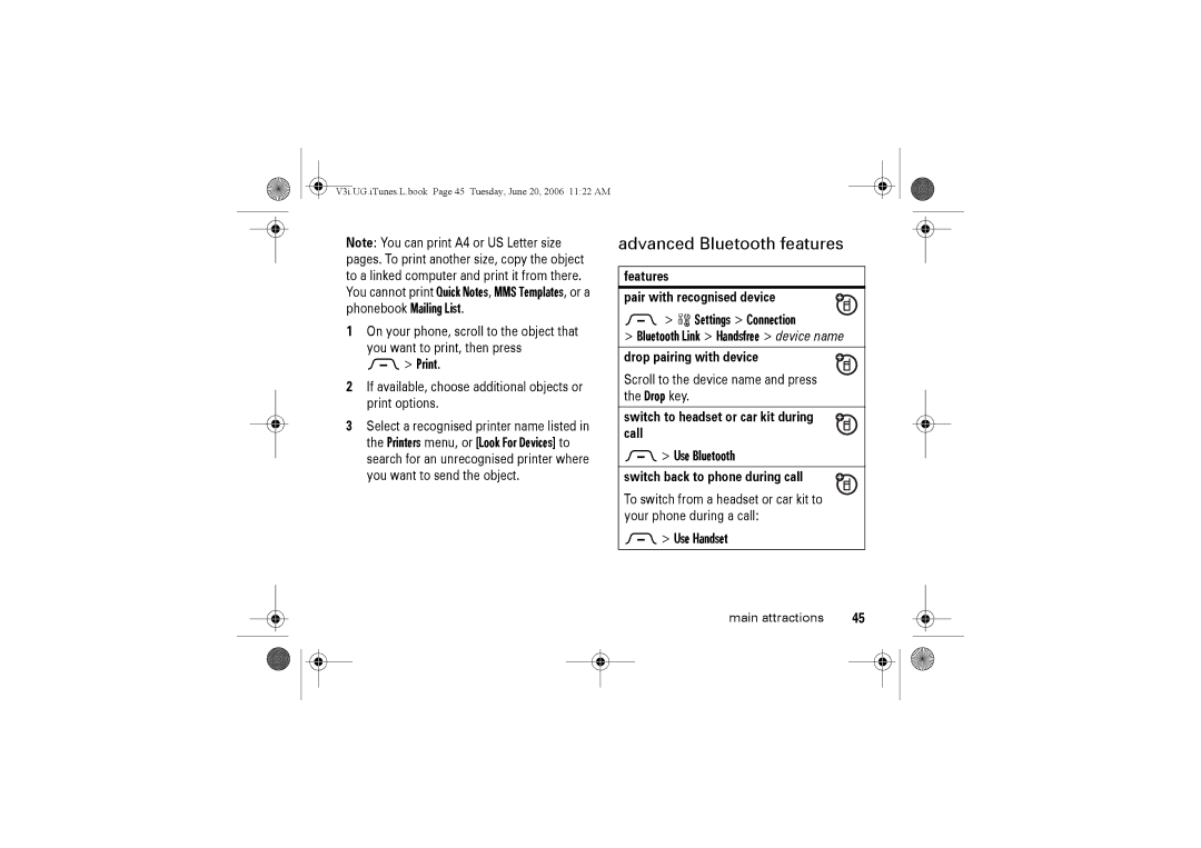 Jabra V3I Advanced Bluetooth features, Print, Settings Connection Bluetooth Link Handsfree device name, Use Bluetooth 