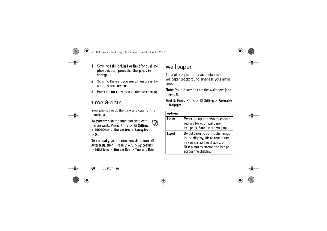 Jabra V3I manual Time & date, Find it Press M w Settings Personalise Wallpaper, Initial Setup Time and Date Autoupdate 