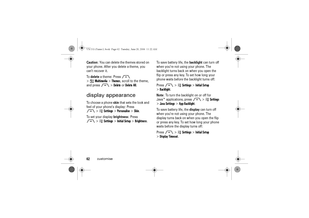 Jabra V3I manual Display appearance, Settings Personalise, Press M w Settings Initial Setup Display Timeout 