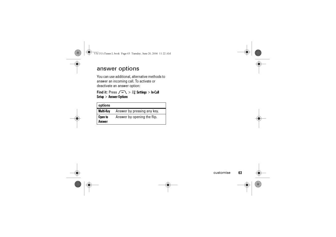 Jabra V3I manual Answer options, Find it Press M w Settings In-Call Setup Answer Options 