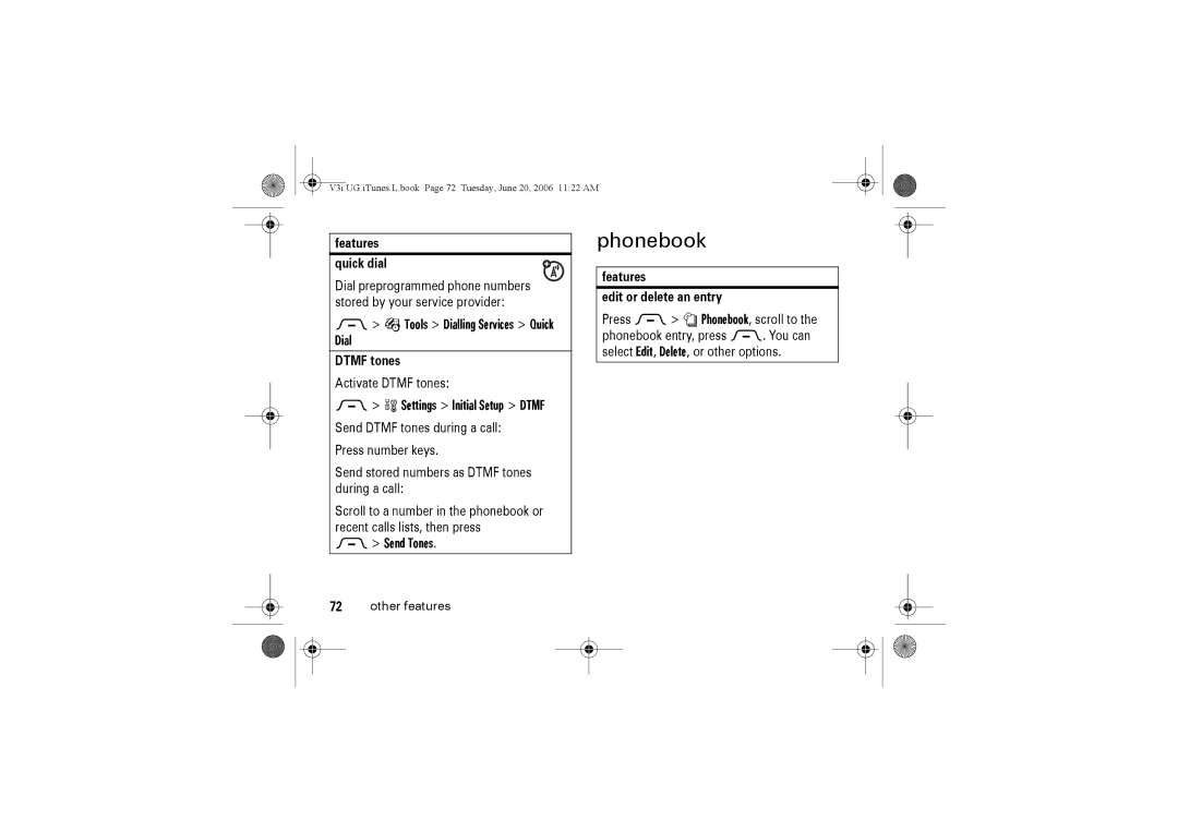 Jabra V3I manual Phonebook, Tools Dialling Services Quick Dial, Settings Initial Setup Dtmf, Send Tones 