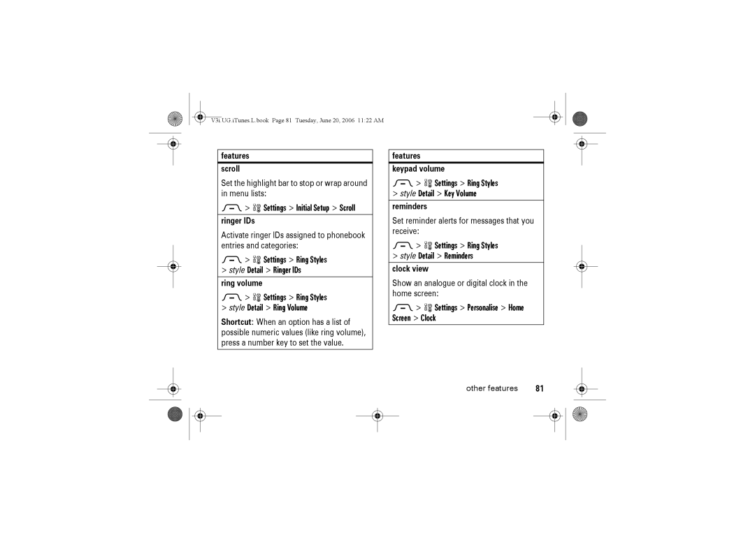 Jabra V3I manual Settings Initial Setup Scroll, Settings Ring Styles Style Detail Ring Volume 