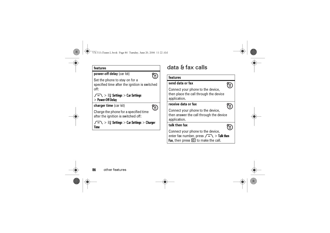 Jabra V3I manual Data & fax calls, Settings Car Settings Power-Off Delay, Settings Car Settings Charger Time 