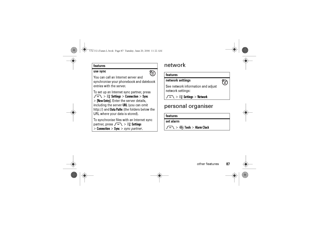 Jabra V3I manual Personal organiser, Connection Sync sync partner, Settings Network, Tools Alarm Clock 