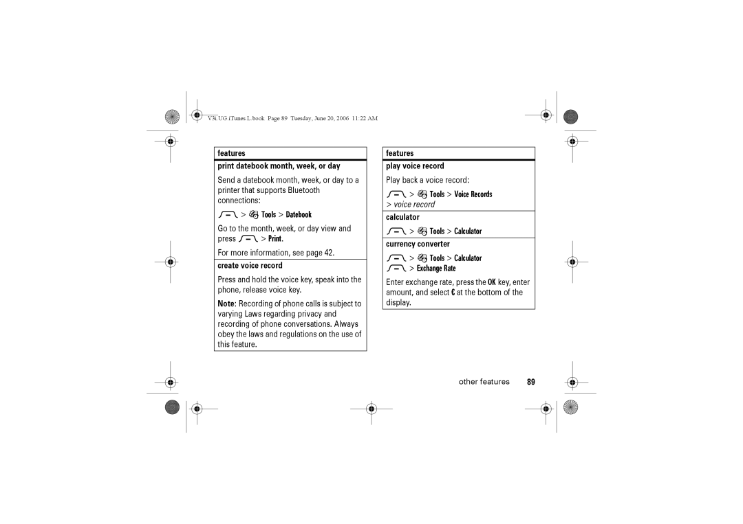 Jabra V3I manual Tools Datebook, Tools Voice Records, Tools Calculator Exchange Rate 