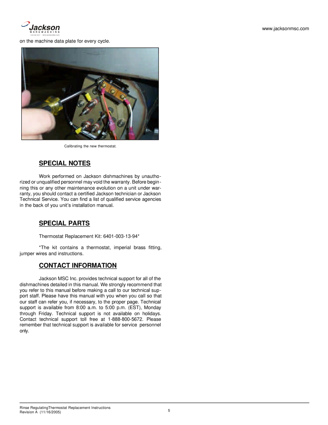 Jackson Rinse Regulating Thermostat Replacement, 07610-003-13-91 A manual Special Notes, Special Parts, Contact Information 