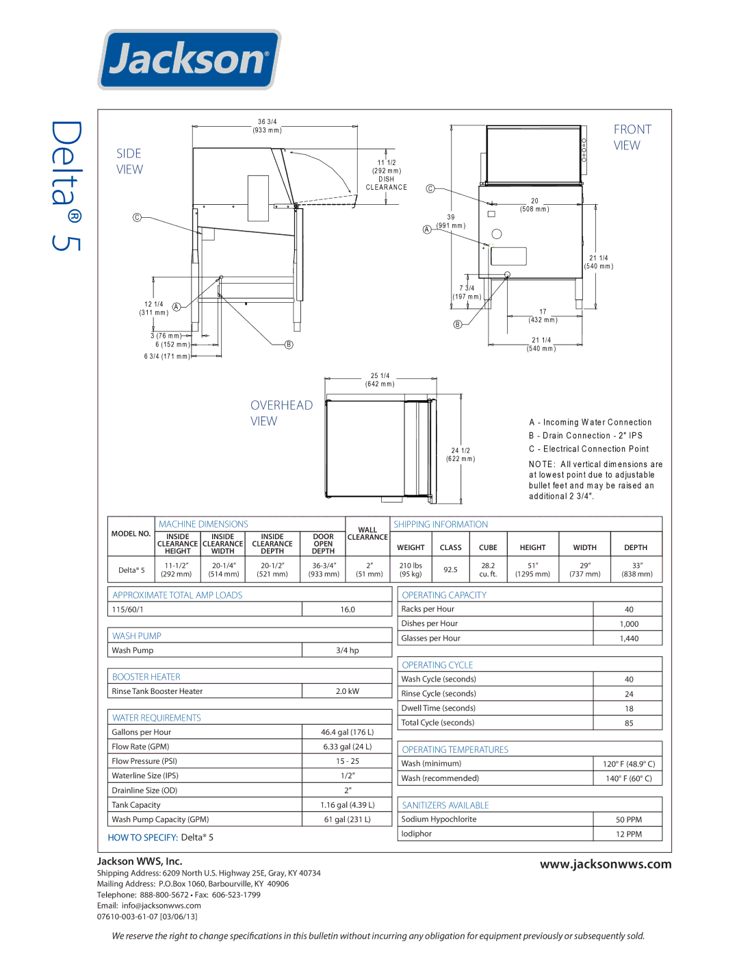 Jackson 07610-003-61-07 specifications Side, Front View, Overhead View 