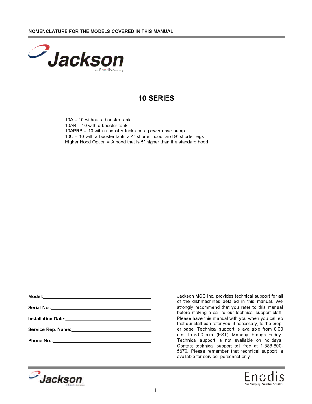 Jackson 10APRB, 10AB, 10U operation manual Series, Nomenclature For The Models Covered In This Manual 