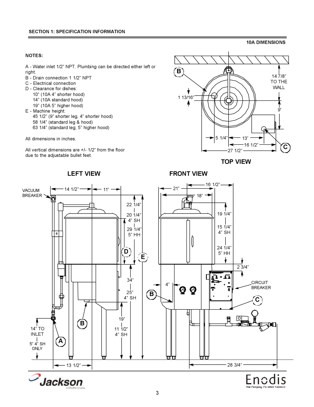 Jackson 10APRB, 10AB, 10U operation manual Top View, Left View, Front View, SPECIFICATION INFORMATION 10A DIMENSIONS 