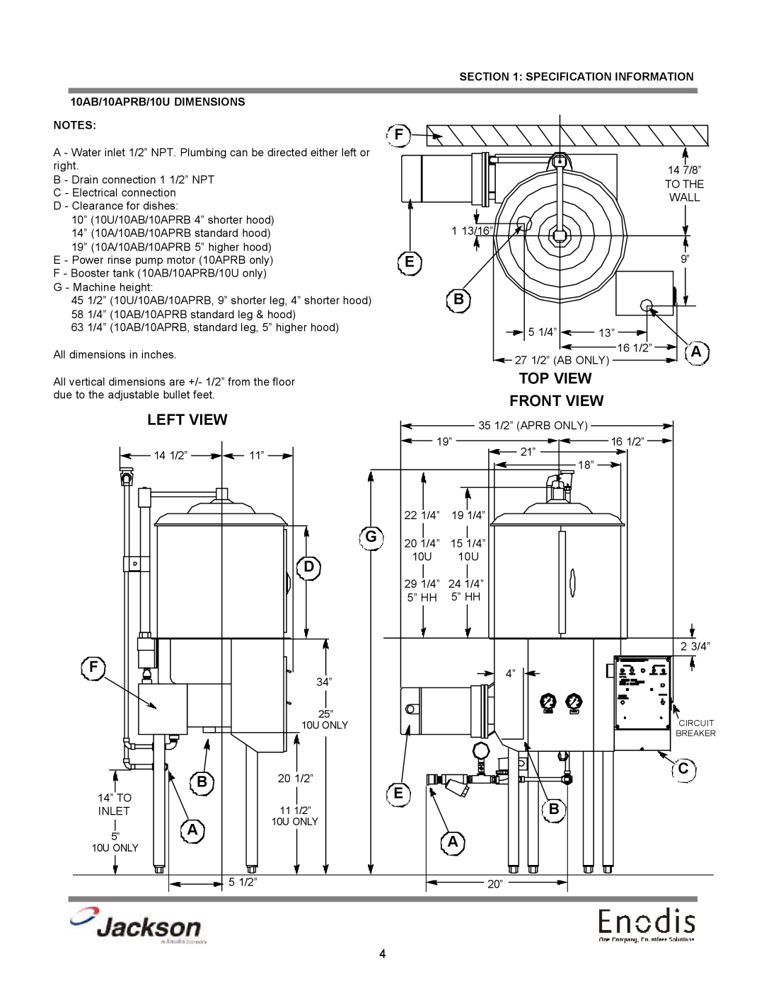 Jackson Top View, Front View, Left View, Specification Information, 10AB/10APRB/10U DIMENSIONS, 10U ONLY, 11 1/2” 