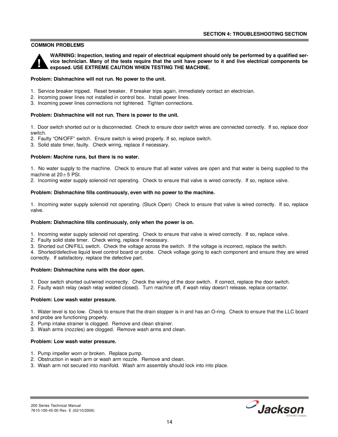 Jackson 200B, 200S, 200LT Troubleshooting Section Common Problems, Problem Dishmachine will not run. No power to the unit 