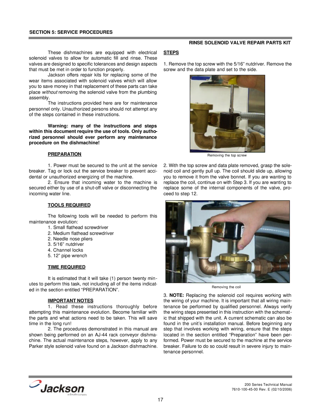 Jackson 200LT Service Procedures Rinse Solenoid Valve Repair Parts KIT, Steps, Preparation, Tools Required, Time Required 