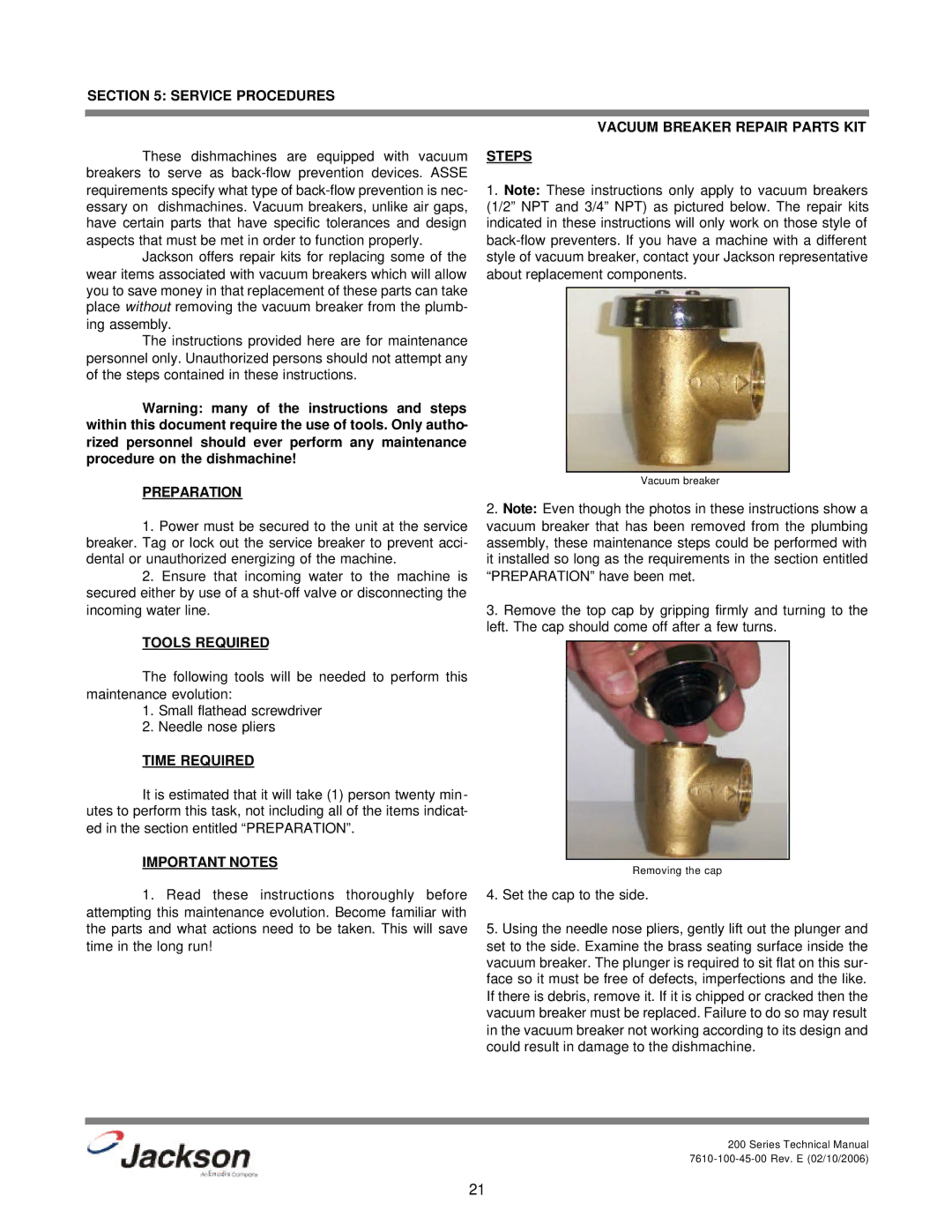 Jackson 200LT, 200S, 200B technical manual Service Procedures Vacuum Breaker Repair Parts KIT, Set the cap to the side 