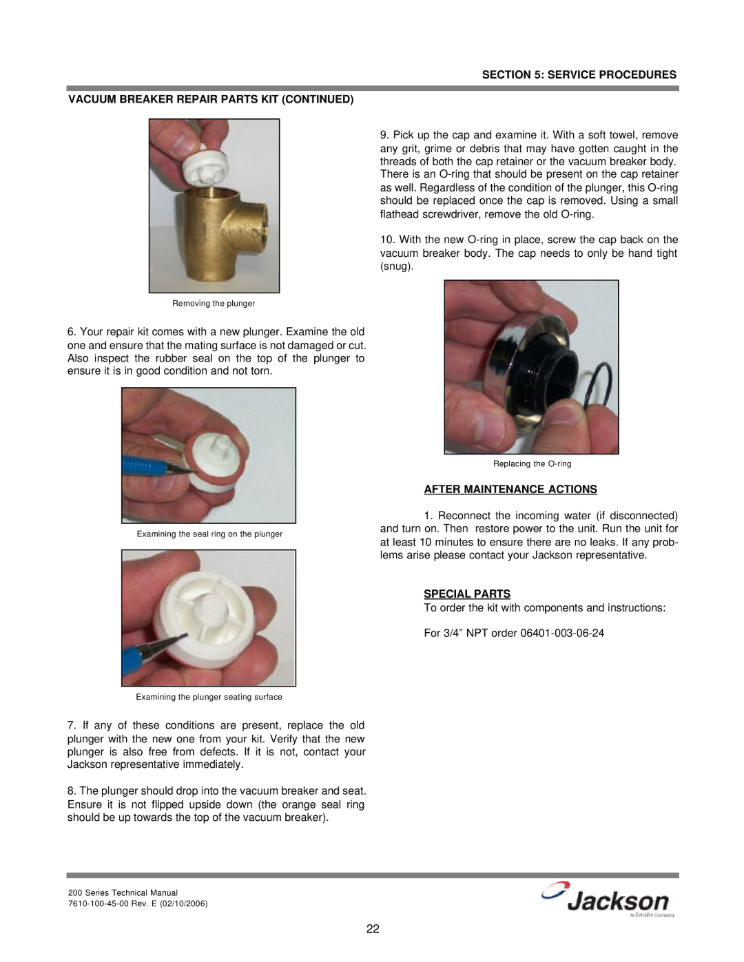 Jackson 200B, 200S, 200LT technical manual Removing the plunger 