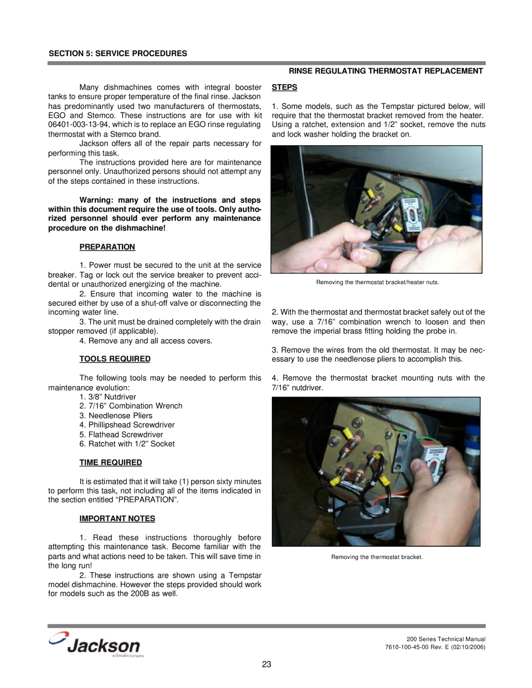 Jackson 200S, 200LT, 200B technical manual Service Procedures Rinse Regulating Thermostat Replacement 