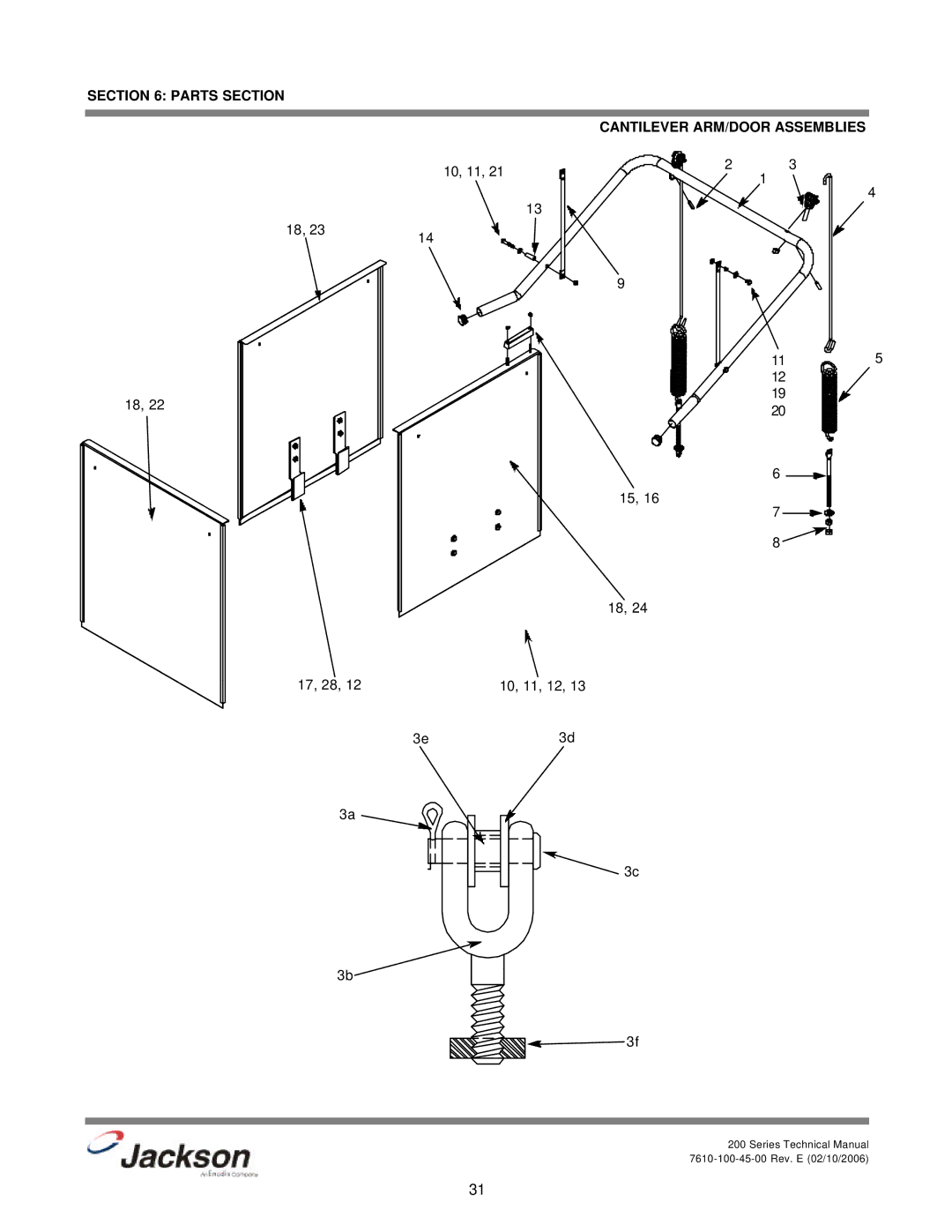 Jackson 200S, 200LT, 200B technical manual Parts Section Cantilever ARM/DOOR Assemblies 