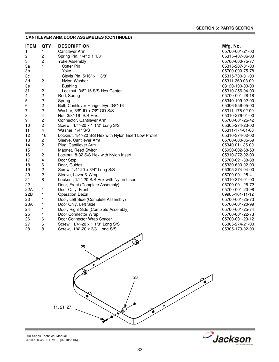 Jackson 200S, 200LT, 200B technical manual Parts Section 