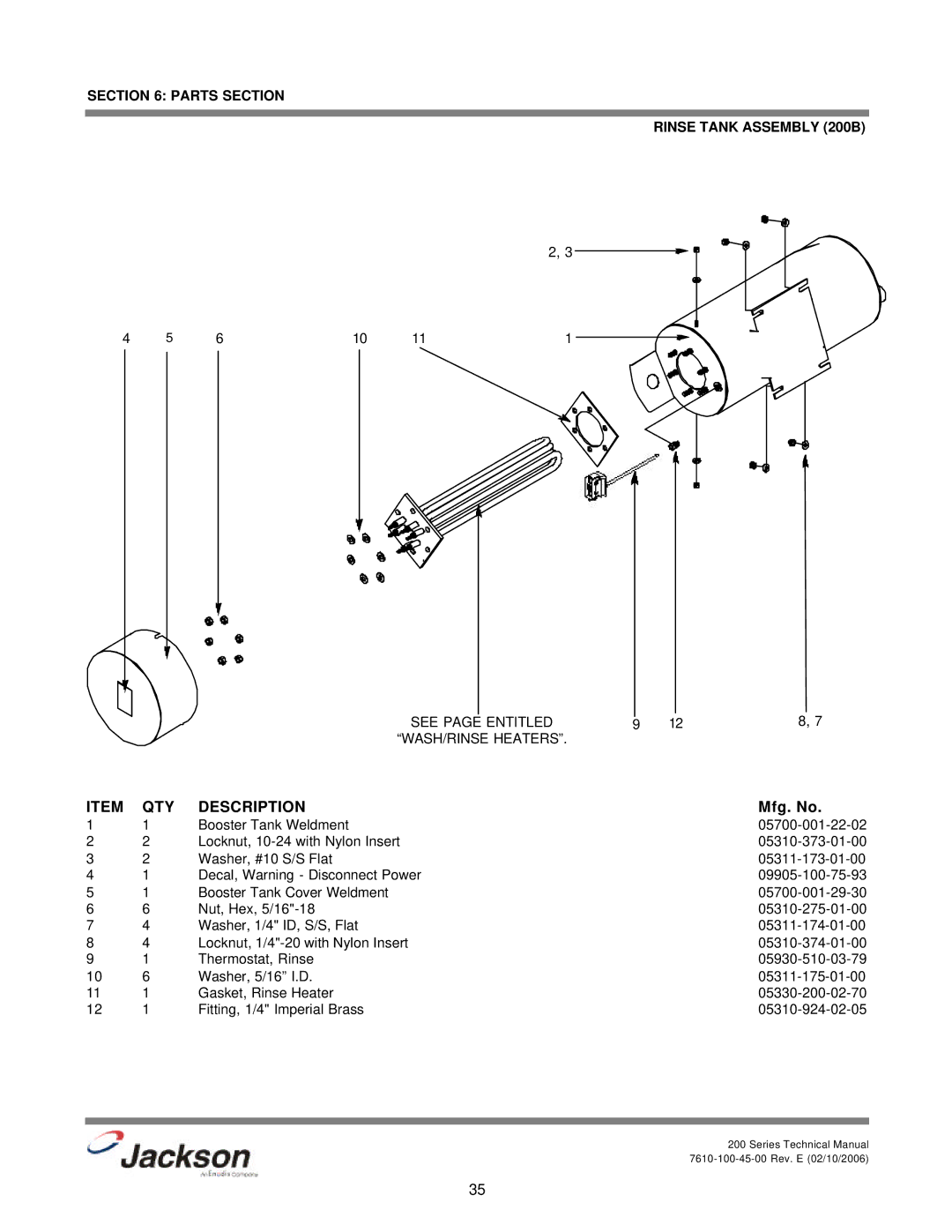 Jackson 200S, 200LT technical manual Parts Section Rinse Tank Assembly 200B 