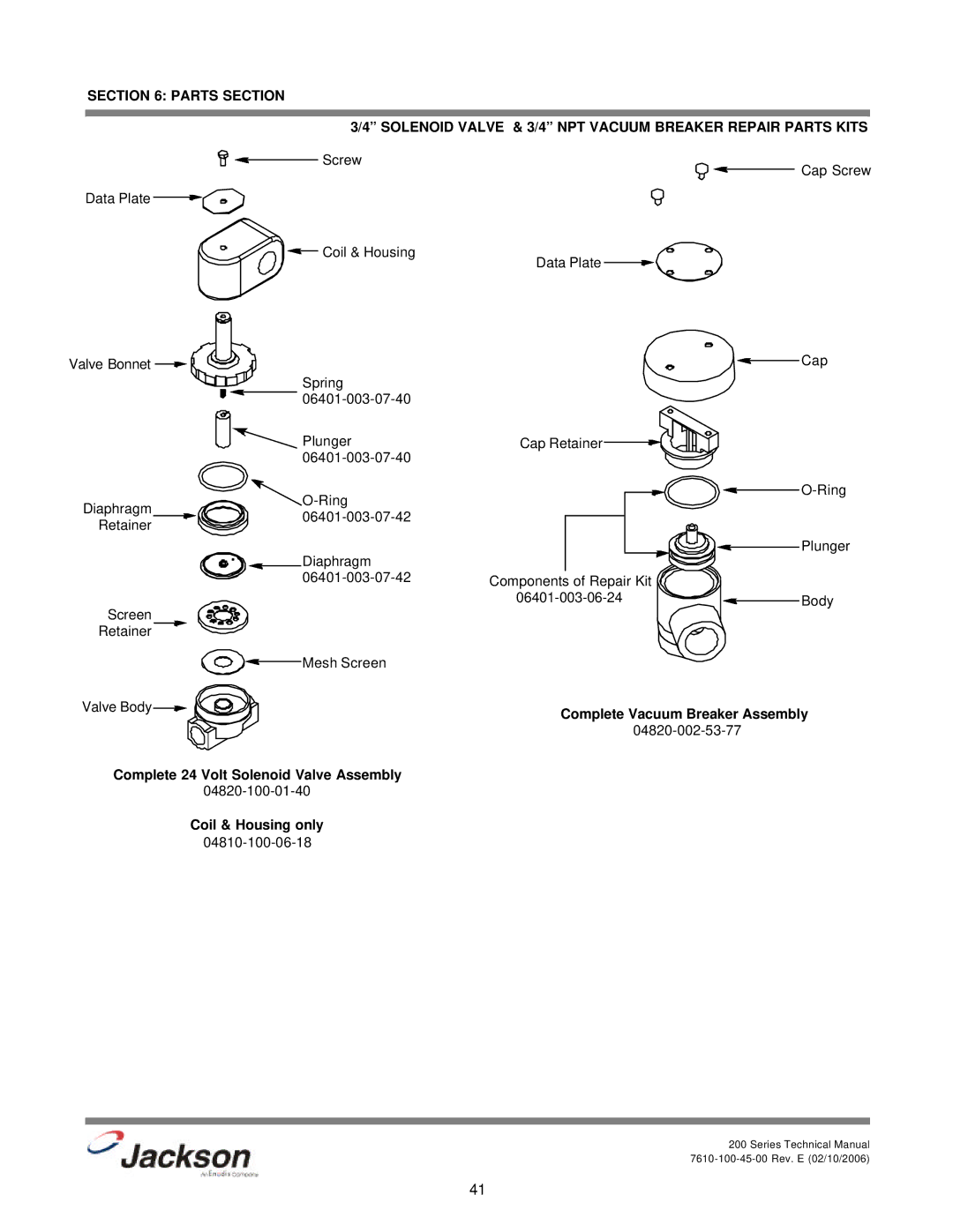 Jackson 200LT, 200S, 200B technical manual Complete Vacuum Breaker Assembly 