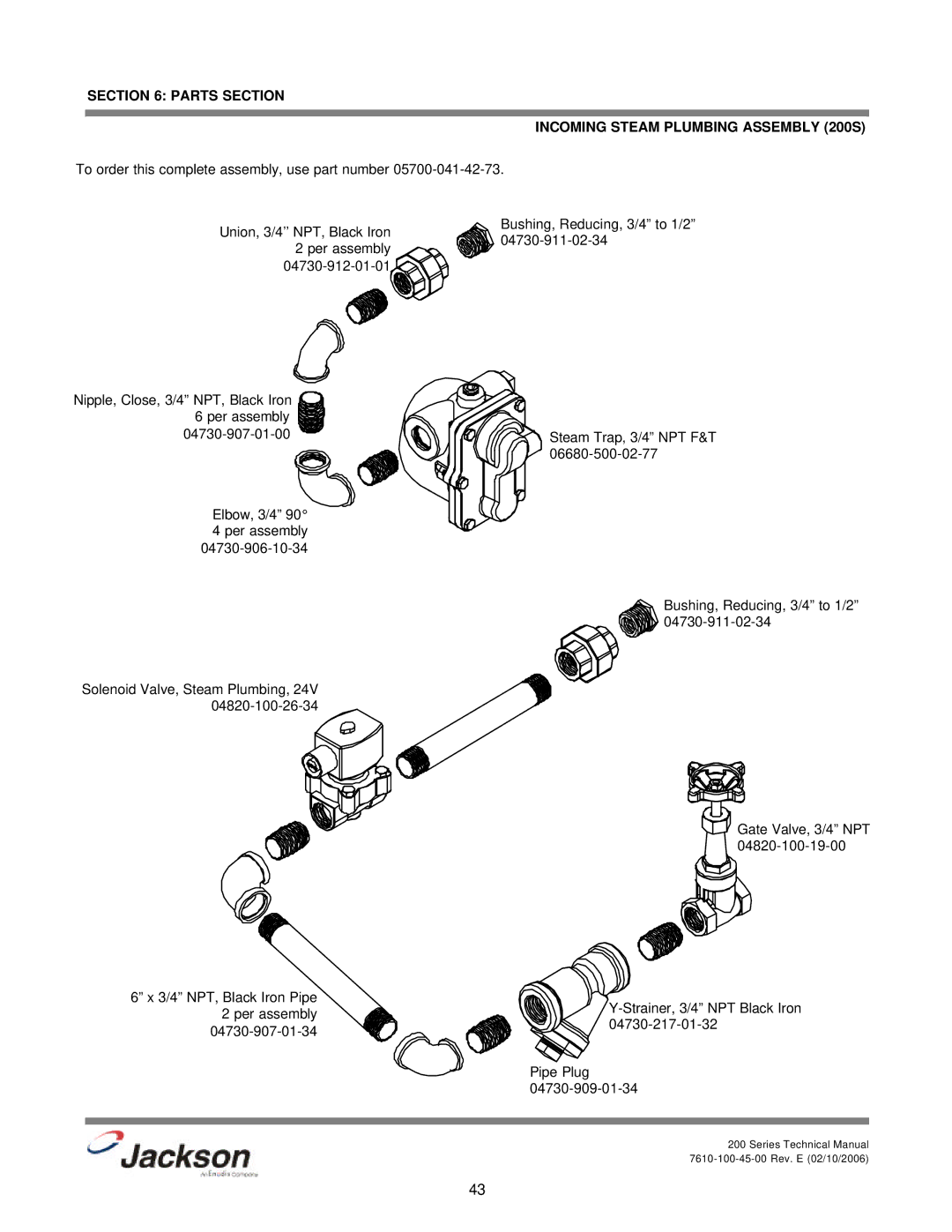 Jackson 200LT, 200B technical manual Parts Section Incoming Steam Plumbing Assembly 200S 