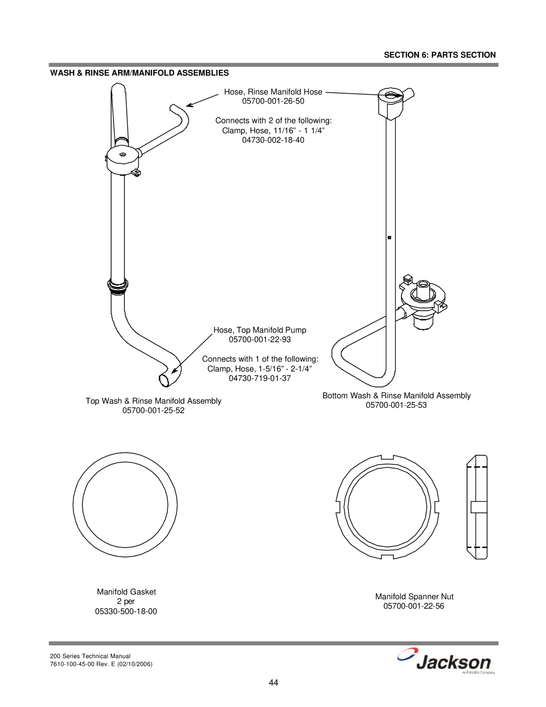 Jackson 200S, 200LT, 200B technical manual Parts Section Wash & Rinse ARM/MANIFOLD Assemblies 