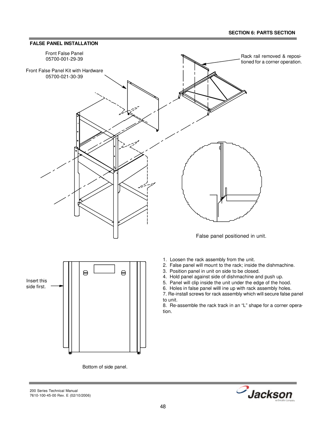 Jackson 200S, 200LT, 200B technical manual False panel positioned in unit, Parts Section False Panel Installation 