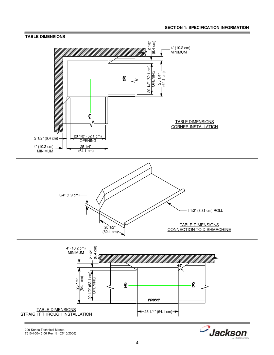 Jackson 200S, 200LT, 200B technical manual Specification Information, Table Dimensions 