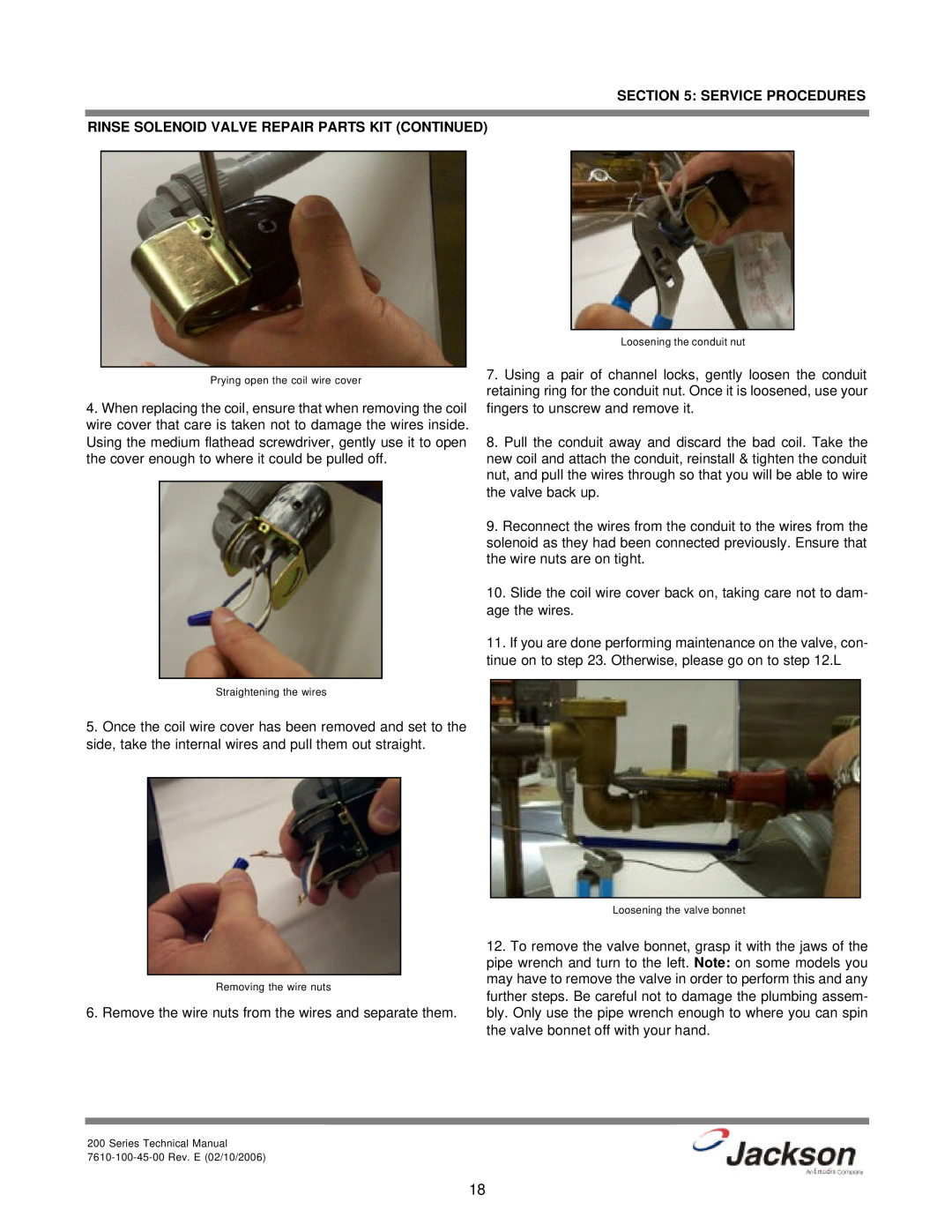 Jackson 200B, 200S, 200LT technical manual Rinse Solenoid Valve Repair Parts Kit Continued, Service Procedures 