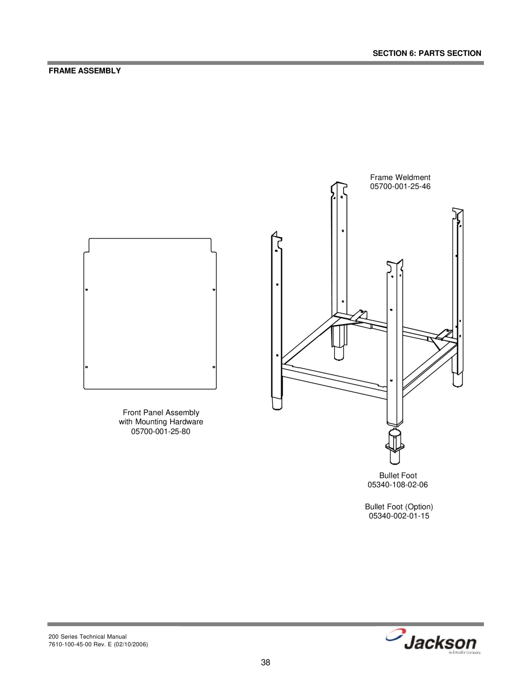 Jackson 200B, 200S, 200LT technical manual Parts Section Frame Assembly, Frame Weldment, Bullet Foot Bullet Foot Option 