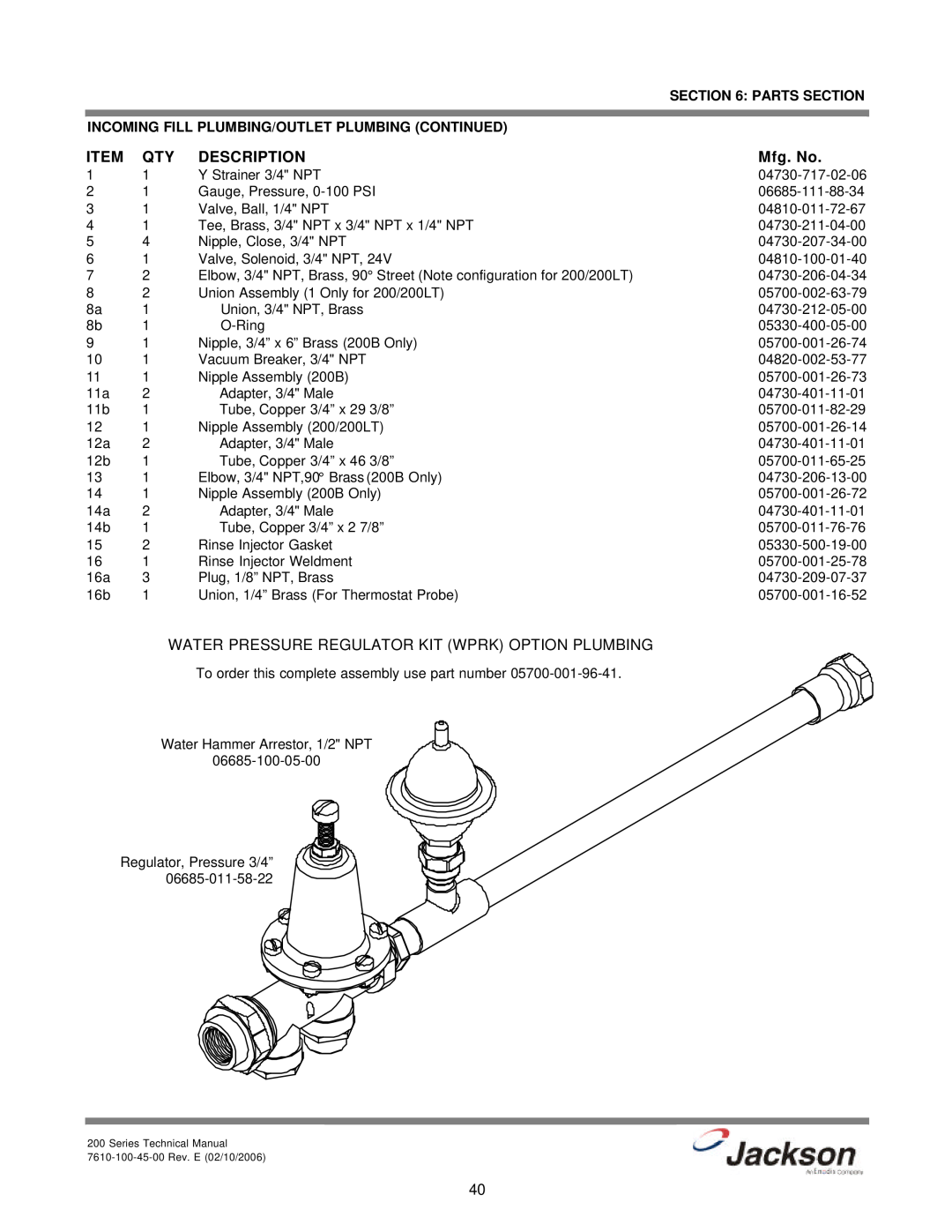 Jackson 200 Water Pressure Regulator Kit Wprk Option Plumbing, Incoming Fill Plumbing/Outlet Plumbing Continued, Mfg. No 