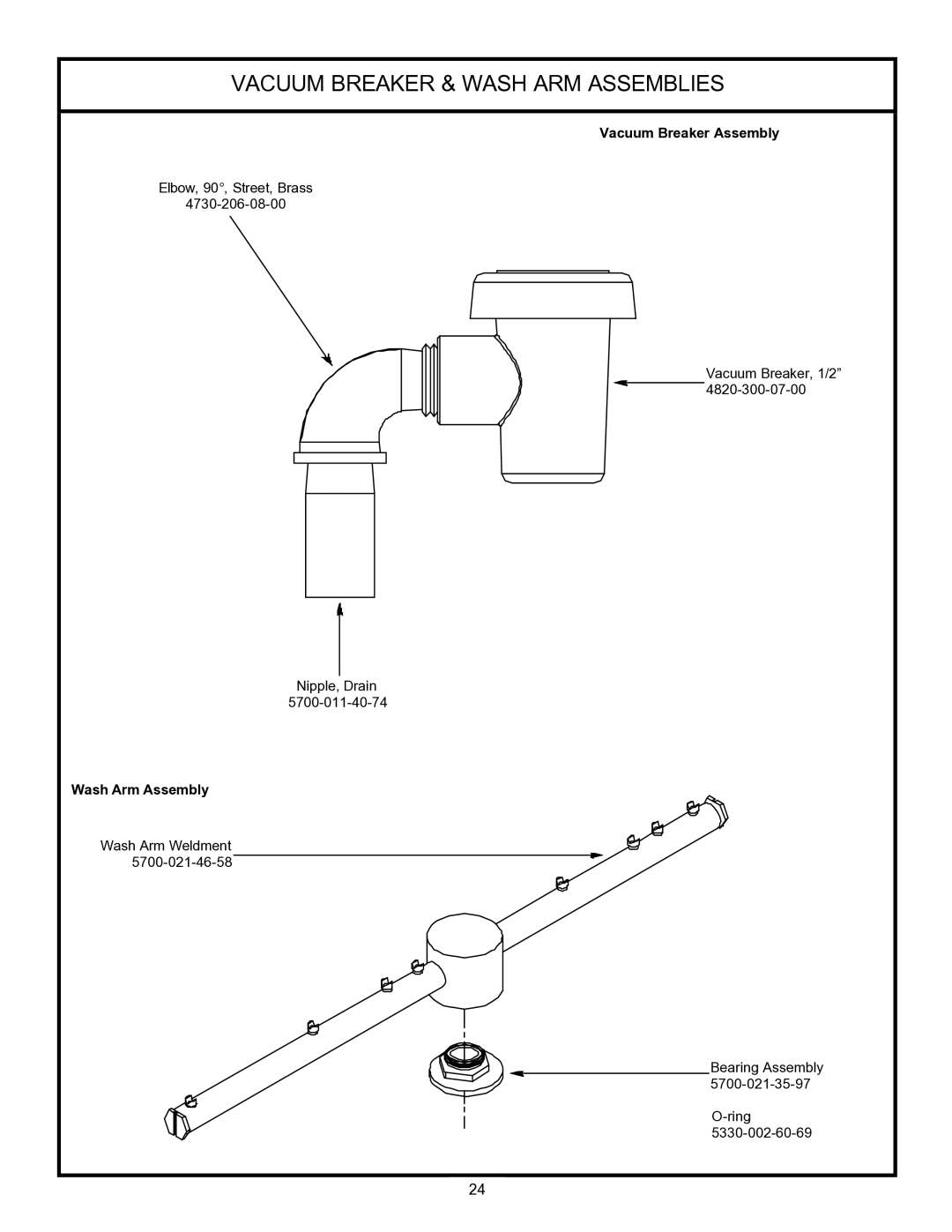 Jackson 24LTP, 24 LT technical manual Vacuum Breaker & Wash ARM Assemblies, Vacuum Breaker Assembly, Wash Arm Assembly 