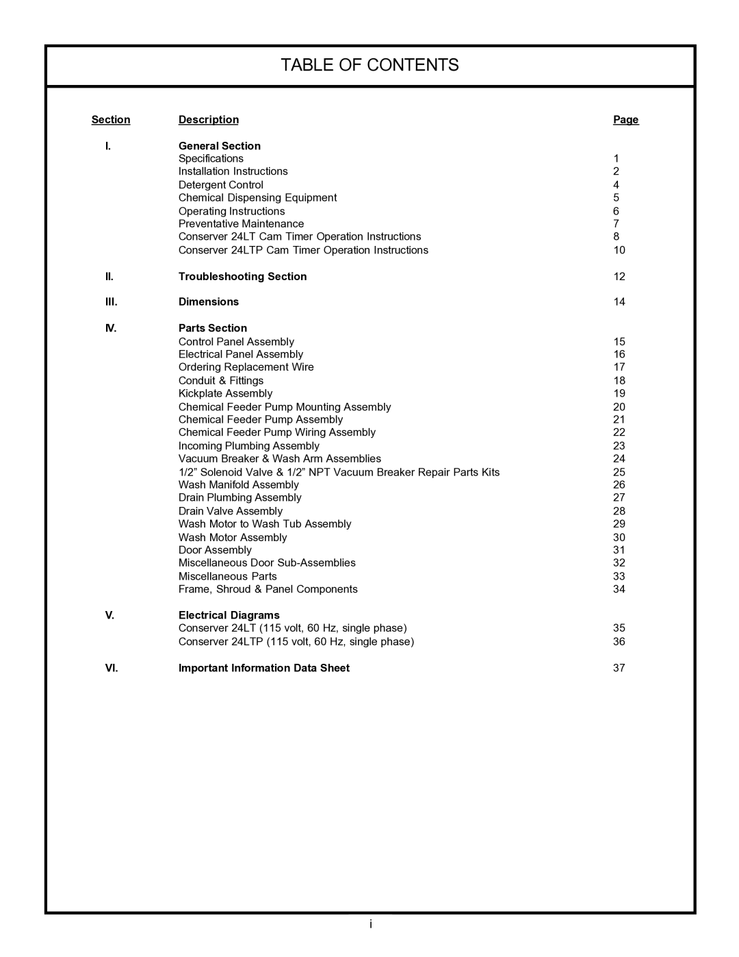 Jackson 24LTP, 24 LT technical manual Table of Contents 