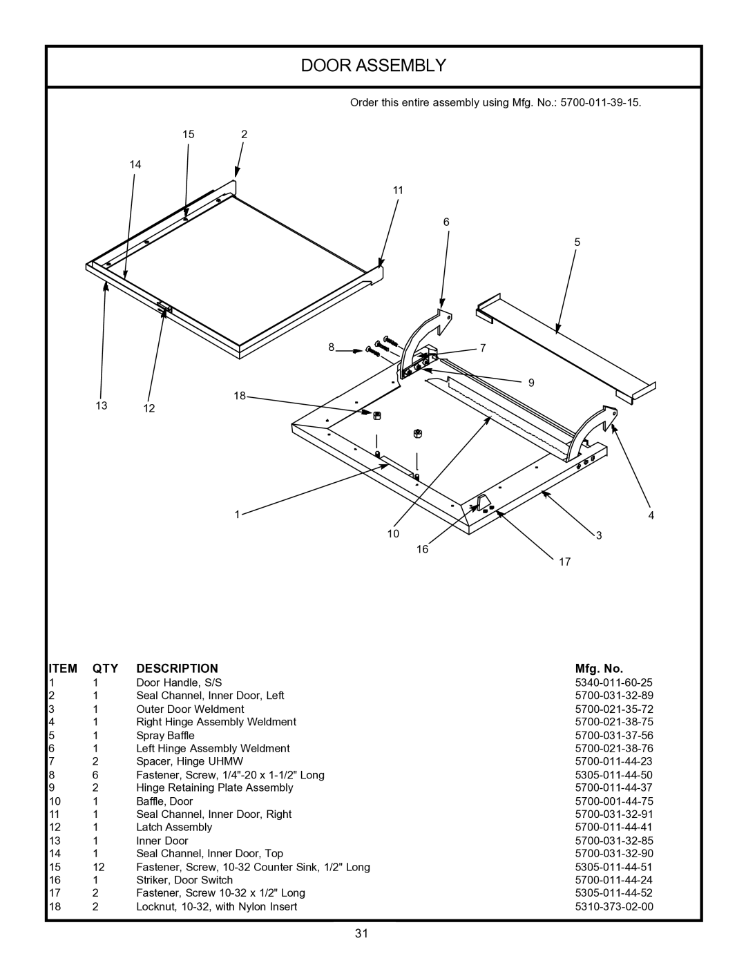 Jackson 24 LT, 24LTP technical manual Door Assembly 