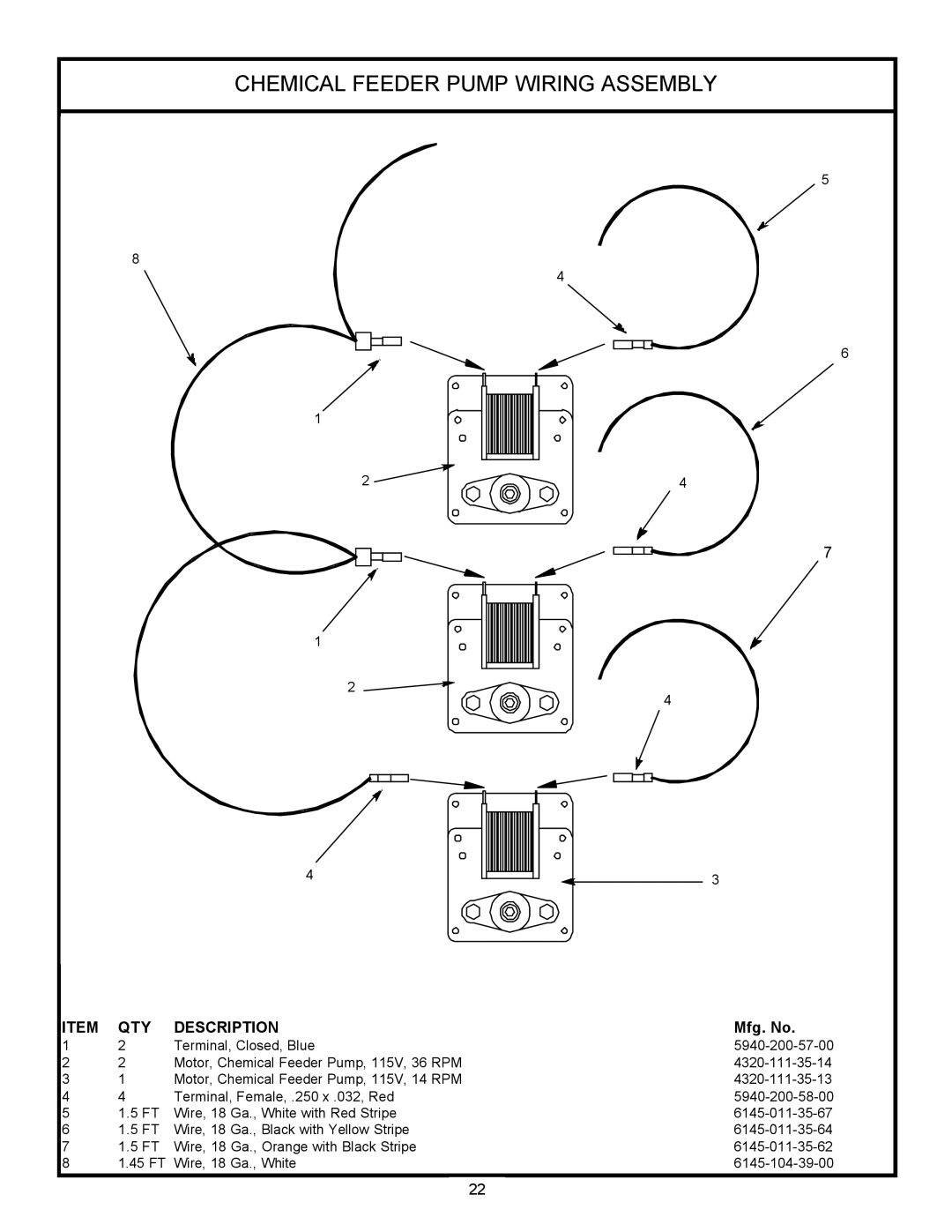 Jackson 24LTP, 24 LT technical manual Chemical Feeder Pump Wiring Assembly, Description, Mfg. No 