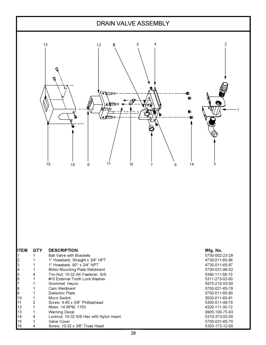 Jackson 24LTP, 24 LT technical manual Drain Valve Assembly, Description, Mfg. No 