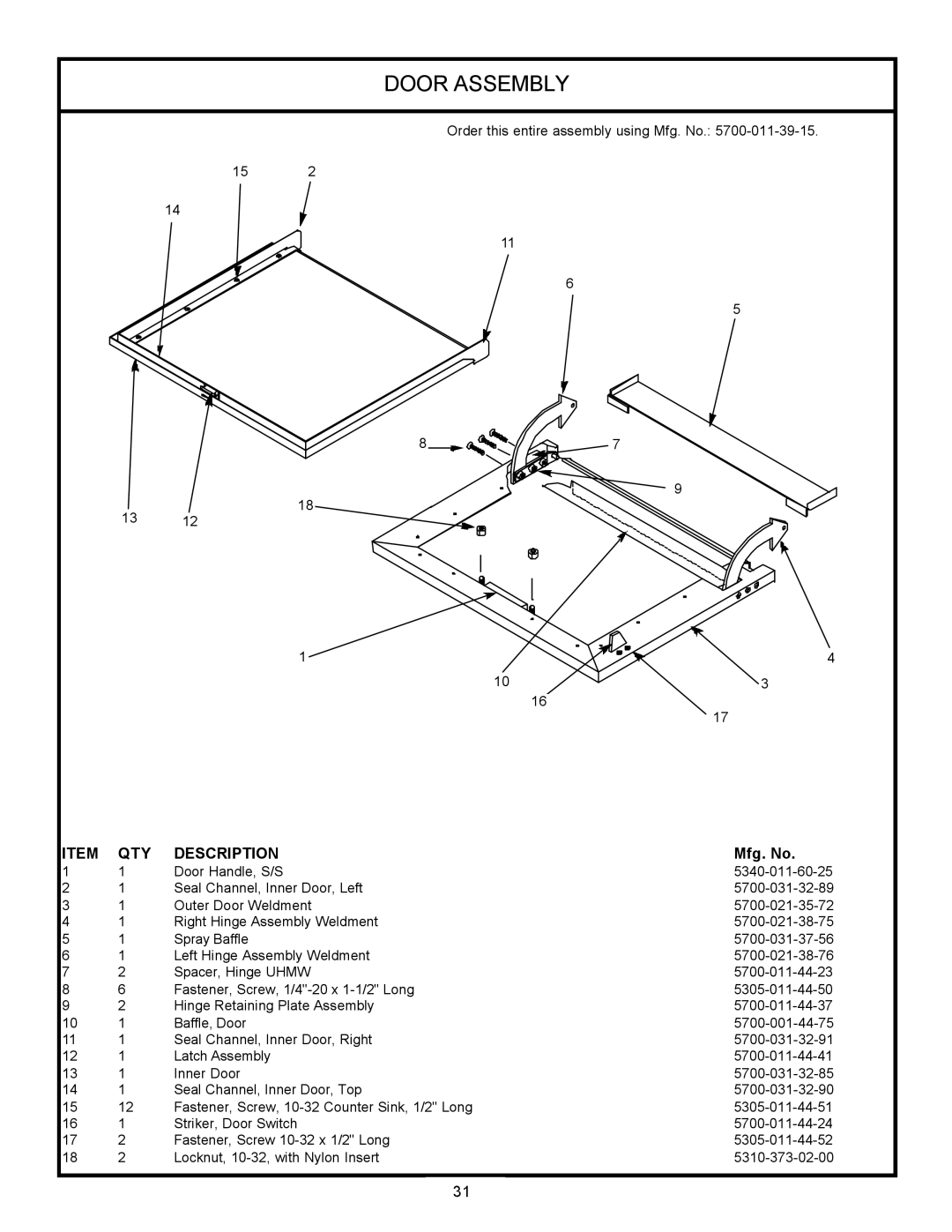 Jackson 24 LT, 24LTP technical manual Door Assembly, Description, Mfg. No 