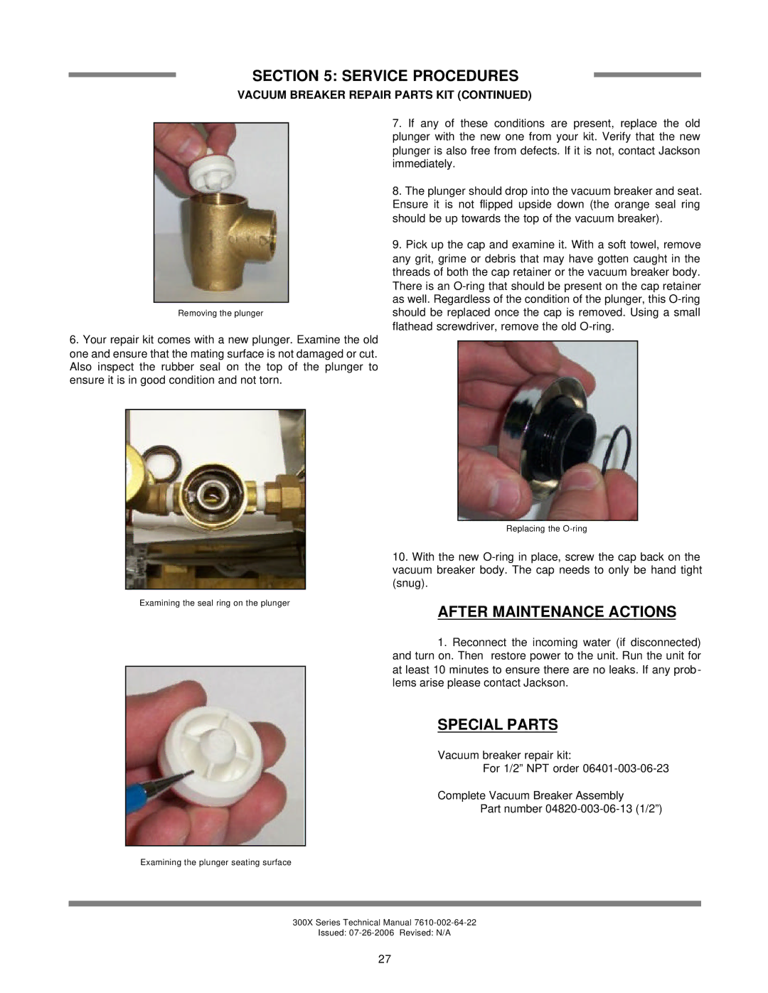 Jackson 300XS, 300XLT, 300XN technical manual Removing the plunger 