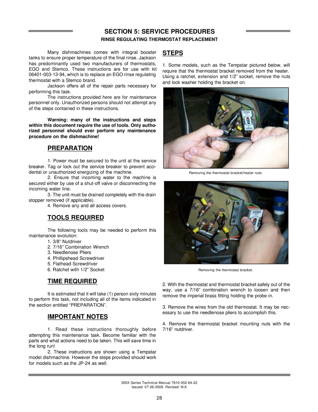 Jackson 300XLT, 300XS, 300XN technical manual Preparation, Rinse Regulating Thermostat Replacement 