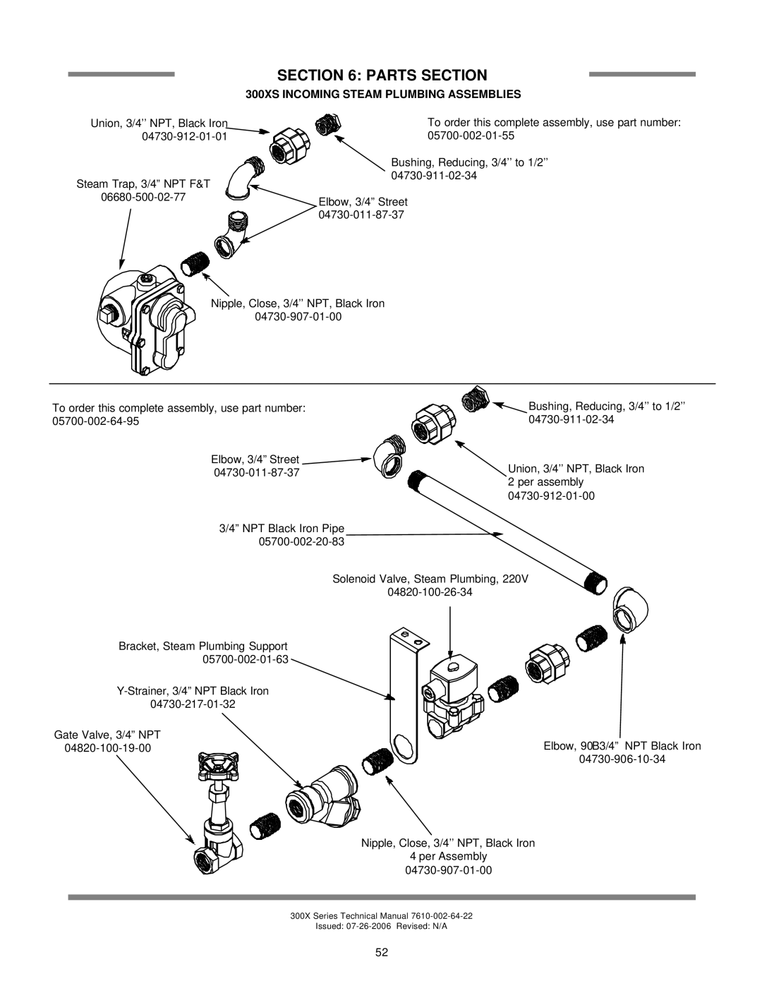 Jackson 300XLT, 300XN technical manual 300XS Incoming Steam Plumbing Assemblies 