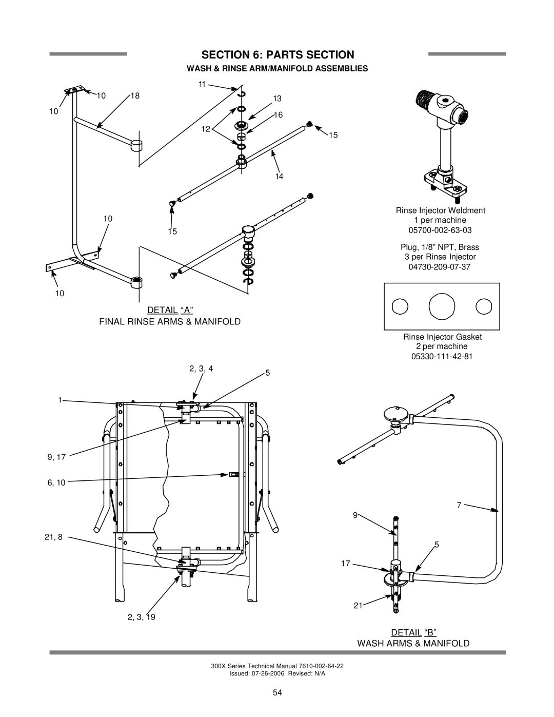 Jackson 300XS, 300XLT, 300XN technical manual Detail a Final Rinse Arms & Manifold, Wash & Rinse ARM/MANIFOLD Assemblies 