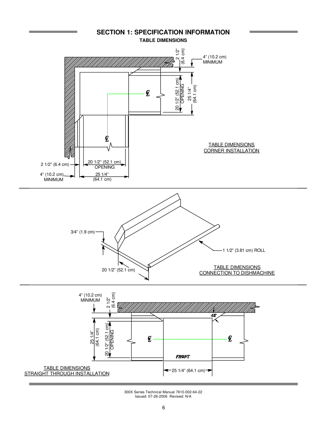 Jackson 300XS, 300XLT Specification Information, Corner Installation, Table Dimensions Connection To Dishmachine 
