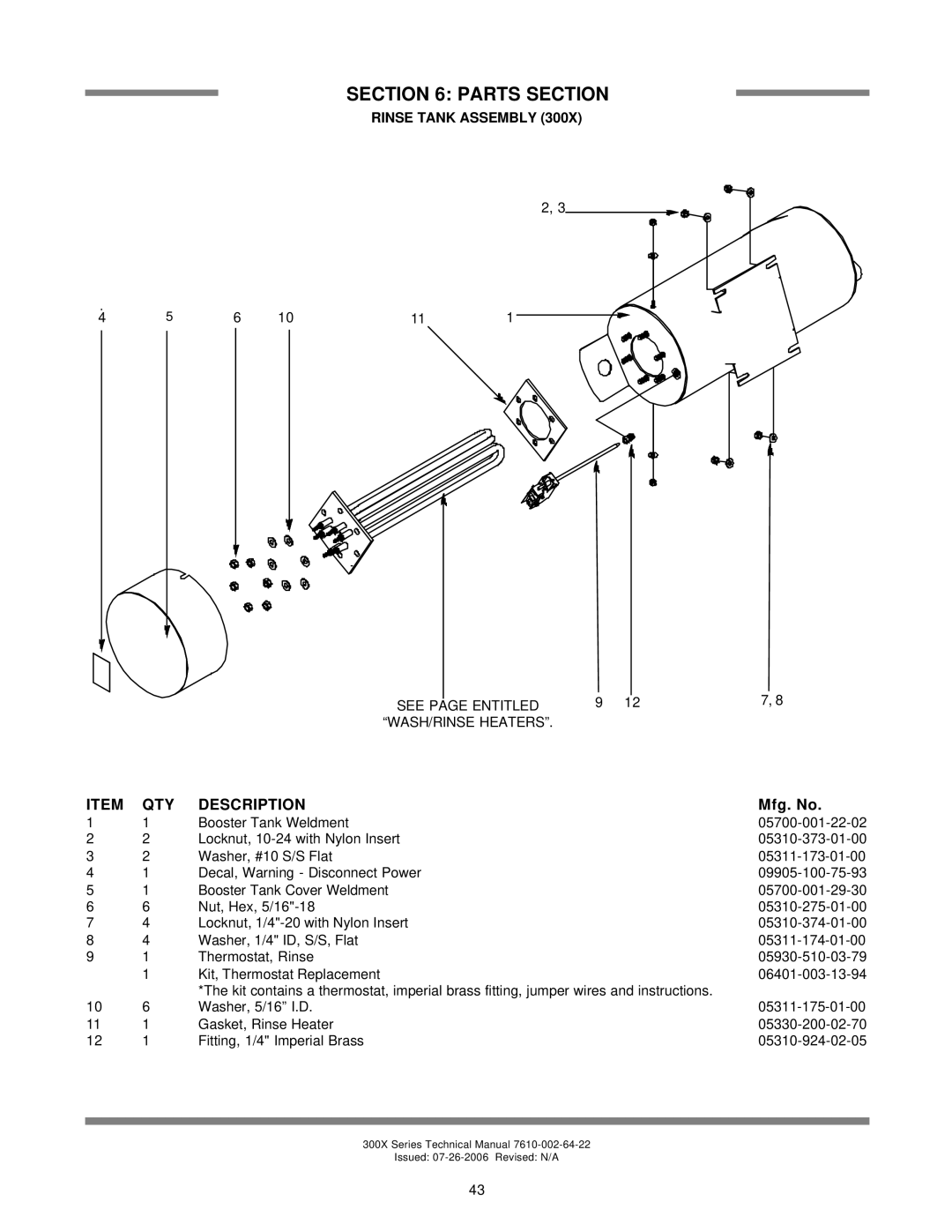 Jackson 300XS, 300XLT, 300XN technical manual Rinse Tank Assembly, Parts Section, Description, Mfg. No 