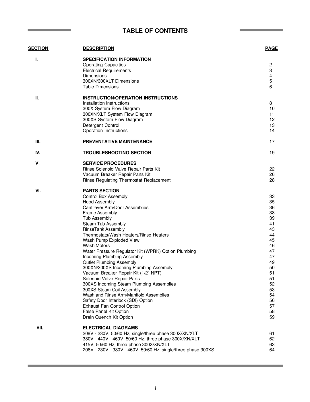 Jackson 300XLT, 300XS Table Of Contents, Section, Description, Page, Specification Information, Preventative Maintenance 