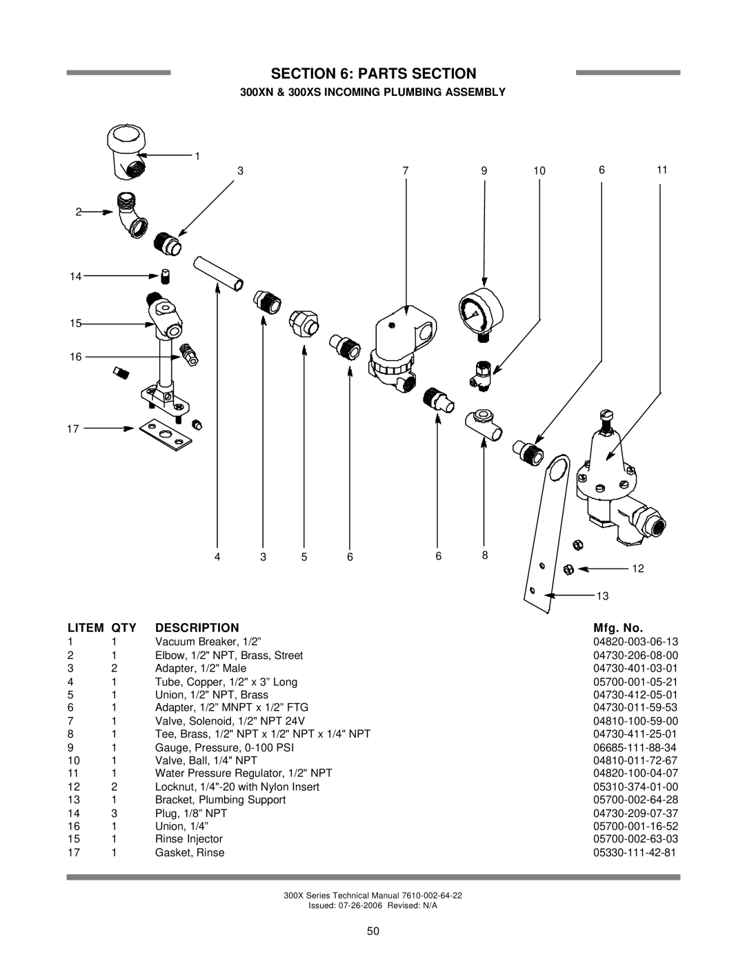 Jackson 300XLT technical manual Litem, 300XN & 300XS INCOMING PLUMBING ASSEMBLY, Parts Section, Description, Mfg. No 