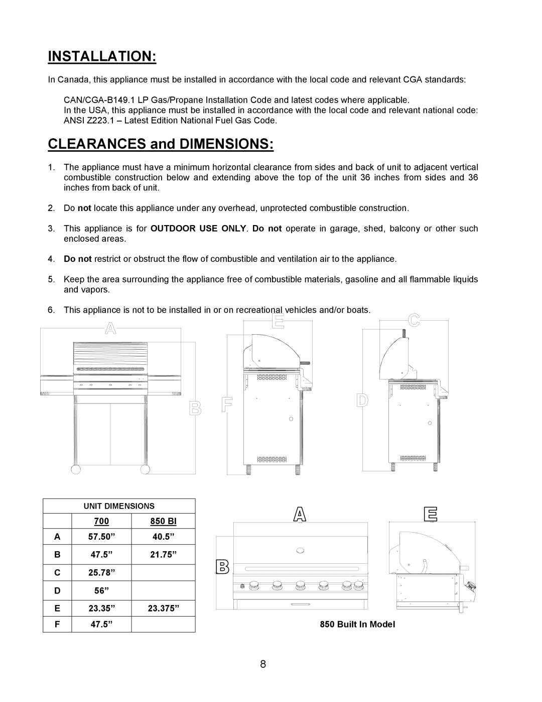 Jackson 700BI Series, 700 Series, 850BI Series owner manual Installation, Clearances and Dimensions 