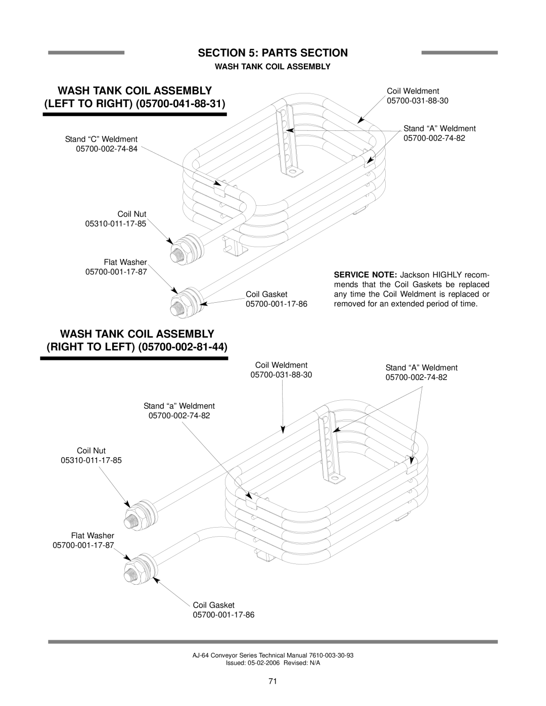 Jackson AJ-100 manual Wash Tank Coil Assembly 